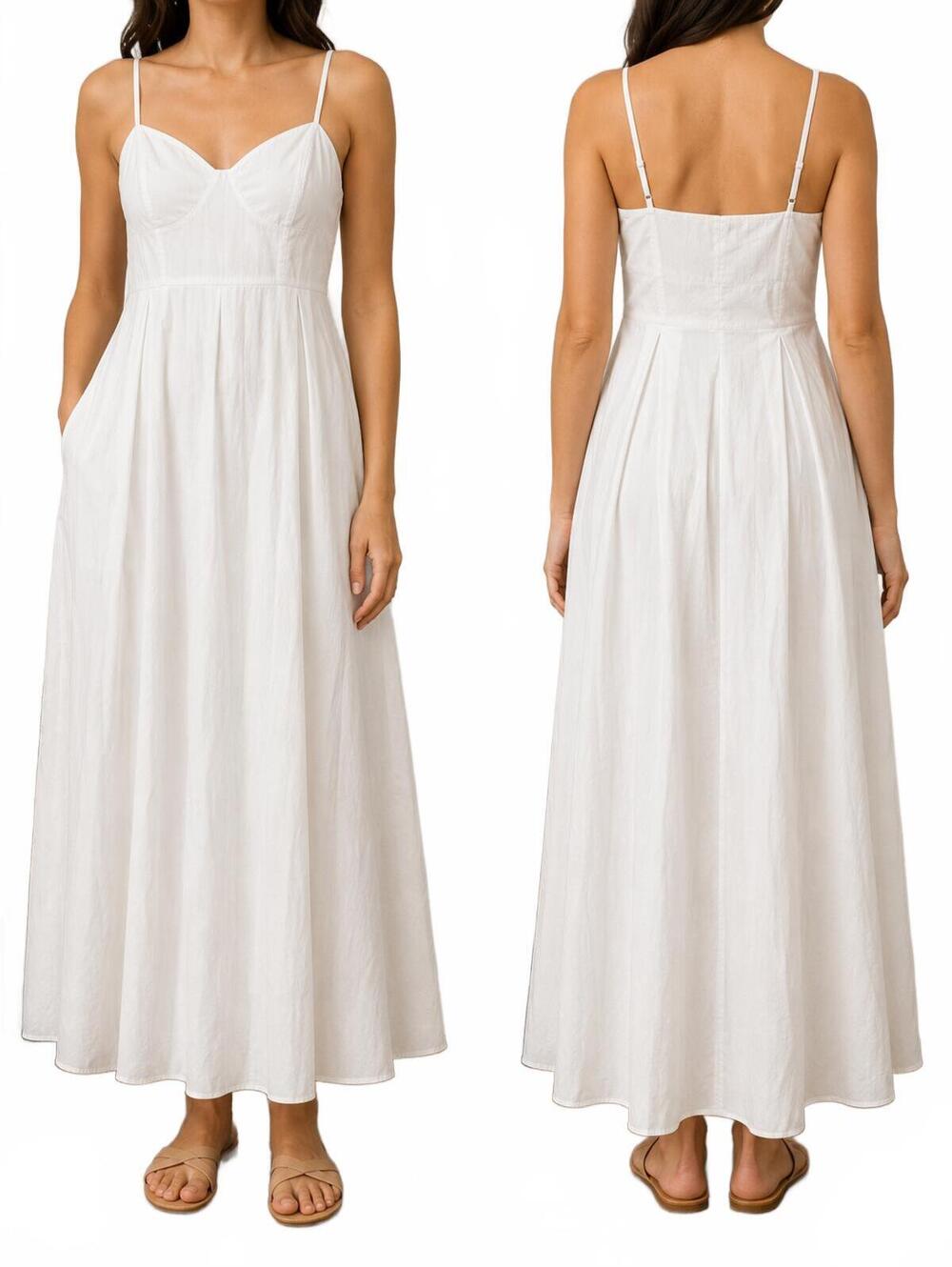 Nwt Zara Ladies White Poplin Midi Style Sun Dress Sweetheart Neckline Thin